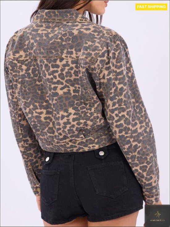 Retro Animal Print Cropped Jacket Lightweight Button Front Casual Chic - Picture 3 of 5